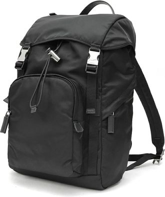 Prada Black Fabric Saffiano Triangle Leather Backpack (Pre-Owned)