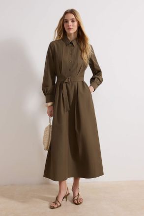 Trendyol Modest Dames Kaki Effen Maxi Lang Casual Blousejurk Modest Jurken