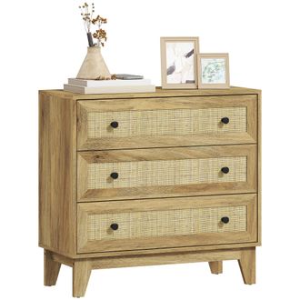 OEM C&oacute;moda Con 3 Cajones Cajonera De Madera Con Frontales De Rat&aacute;n Estilo Cannage Para Dormitorio 80x35x76 Cm Natural