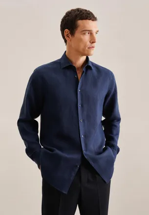 Seidensticker Businesshemd SEIDENSTICKER Regular, Herren, Gr. XL43, normale &Auml;rmell&auml;ngen, blau (dunkelblau), 100% Leinen, unifarben, regular fit, 2-Knopf-Manschette,
