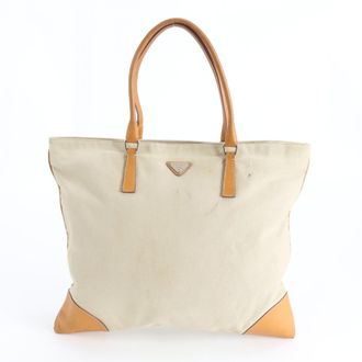 Prada Beige Leather Canvas Handbag Tote Bag (Pre-Owned)