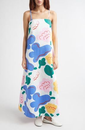 Marimekko Huvittaa Kukasta Kukkaan Floral Cotton & Linen Maxi Dress in Light Green/Green/Blue at Nordstrom, Size 14 Us