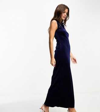 Nobody's Child Vestito lungo fasciante in velluto blu con spacco sulla coscia