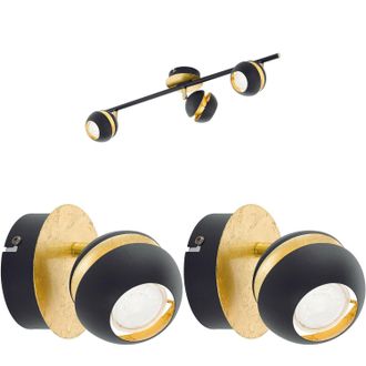 Loops Ceiling Spot Light & 2x Matching Wall Lights Black & Gold Adjustable Shade