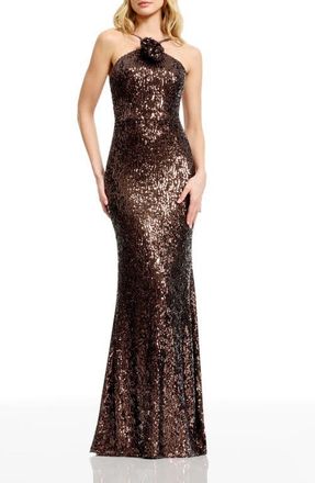 Dress The Population Noemi Rosette Sequin Halter Gown in Mocha at Nordstrom, Size Xx-Large