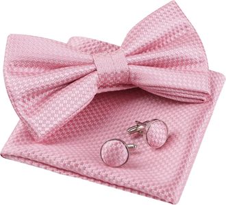 Alizeal Mens Solid Color Pre-tied Bow Tie, Pocket Square and Cufflinks Business Wedding Formal Tie Set, Pink