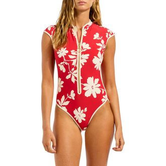 Seafolly Cap Sleeve Zip Front One-Piece Swimsuit in Cosmo Red at Nordstrom, Size 10 Us