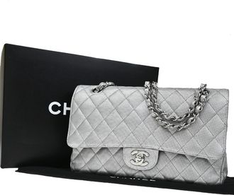 Chanel Classic Timeless Double Flap Pixel Effect Quilted Calfskin Silver Leather Handbag (Pre-Owned)