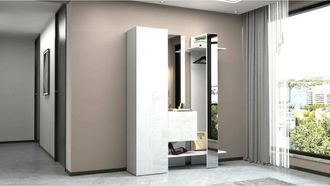 Dmora Mueble de entrada Vilmaro, Armario multifuncional con 2 puertas, Perchero de pared con 2 espejos, 140x35h190 cm, Blanco, con embalaje reforzado