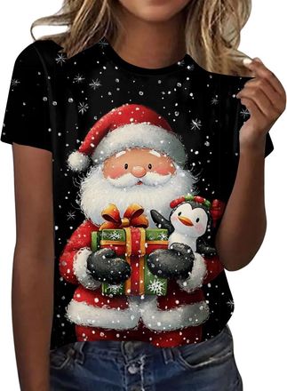 Generic Christmas Blouse Tops Woman Ladies Short Sleeve Tshirts Christmas Tree Printed Basic Pullover Crew Neck Xmas Loose Sweatshirts Lightweight Going Out T