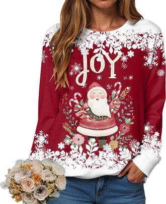 Generic Christmas Sweatshirts for Women 2025 Fashion Xmas Santa Tree Wine Graphic Print Blouse Casual Long Sleeve Crewneck Tops Oversized Loose Fit Holiday Sh