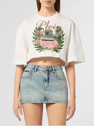 Philipp Plein T-shirt cropped in cotone con logo jacquard e fondo sfrangiato
