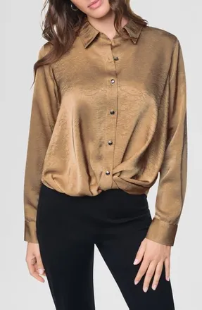 DKNY Twist Front Crinkle Satin Shirt in Travertine at Nordstrom, Size X-Small