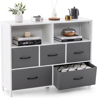Costway Costway C&oacute;moda De 5 Cajones De Tela Y 2 Estantes Abiertos, Aparador Con Cajones De Tela, Cajonera Para Armario De Tela, Mueble Para Tv De Hasta 45 Pul