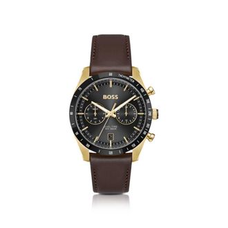 BOSS Tourmaster gold-tone watch with brown leather strap
