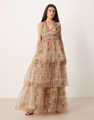 Lace & Beads Martel - Vestito lungo allacciato al collo a balze in tulle color crema a fiori-Bianco