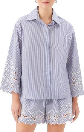 Fifteen Twenty Dakota Stripe Embroidered Shirt in Navy W/Off White at Nordstrom, Size X-Large