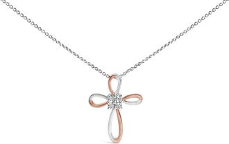 House of Brilliance 10K Rose Gold Plated Sterling Silver Diamond Accent Cross Pendant Necklace