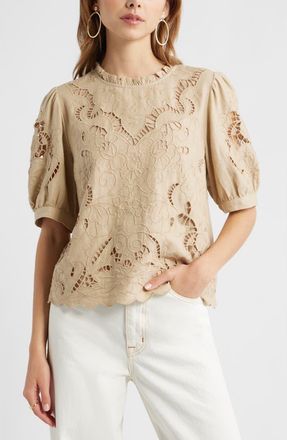 Treasure & Bond Embroidered Cutwork Puff Sleeve Linen Blend Top in Beige Humus at Nordstrom, Size Xx-Small