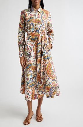 Etro Floral Paisley Belted Cotton Poplin Shirtdress in Print On White Base at Nordstrom, Size 12 Us