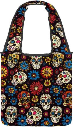 Generic Sugar Skull Art Flowers Reversible Canvas Shoulder Tote - Double-Sided Print, 12oz Cotton, 27cm Drop, Fold-Flat Bag for Travel, Shopping, Street Outin