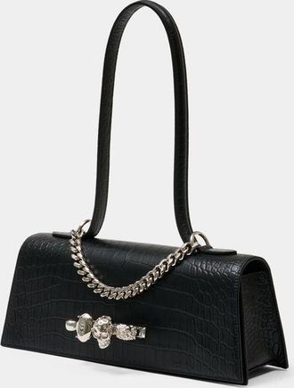 Alexander McQueen Womens Jewelled Croc-Embossed Calfskin Shoulder Bag Black