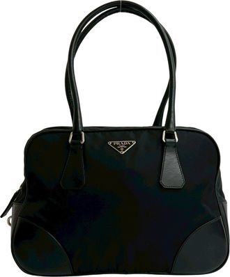 Prada Black Nylon Leather Boston Bag Handbag Tote Bag (Pre-Owned)