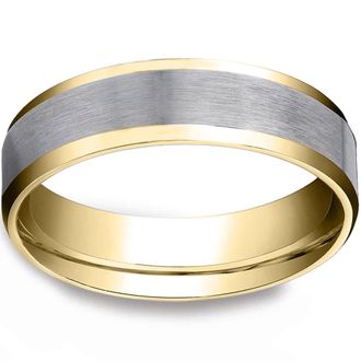 Pompeii3 Mens 10k Gold 6MM Satin Wedding Band Flat Beveled Edge Two Tone Ring