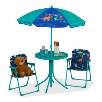 Relaxdays Relaxdays - Mobiliario Infantil Jard&iacute;n, Estampado Dino, Sombrilla De Playa, Sillas Plegables, Mesa Para Ni&ntilde;os, Turquesa