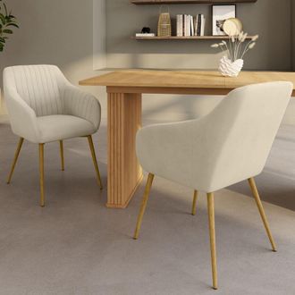 IDMarket Set di 2 sedie da pranzo e poltrone da tavolo LINE in velluto beige con gambe effetto legno