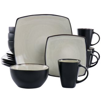 Gibson Home 16 Piece Square Stoneware Dinnerware Set in Sand