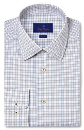 David Donahue Trim Fit Twill Check Dress Shirt in Sky/Chocolate at Nordstrom Rack, Size 17.5 - 34/35