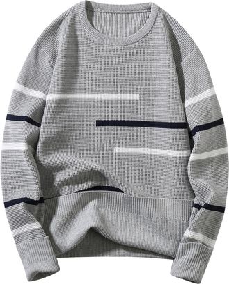 Generic Mens Crew Neck Jumper Rib Knitted Sweaters Striped Design Knitwear Loose Fit Leisure Pullover Long Sleeve Warm Soft Jumpers Fashion Casual Winterpullo