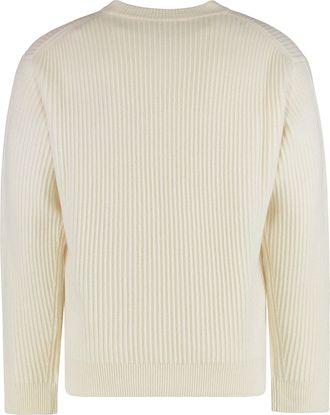 Maison Kitsun&eacute; Mens Ribbed Wool Sweater With Fox Patch Ecru Sweatshirts