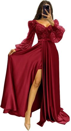 Generic Womens Long Sleeve Sequin Prom Dresses with Slit V Neck Formal Evening Party Gowns Puffy Sleeve Princess Dresses Wine Red M