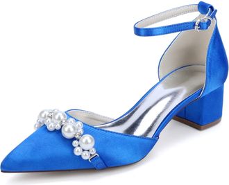 Generic Bridal Shoes Womens Block Heel Pearl Satin Closed Pointed Toe Low Heel Pump Party Wedding Dress Shoes 4.5Cm,Royal Blue,10 UK