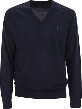 Polo Ralph Lauren V-hals trui met geborduurd logo - Heren - V-hals truien - Blauw - XL - Katoen - Truien & Vesten