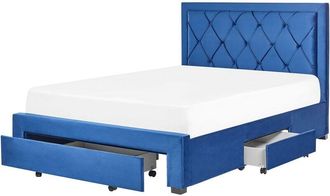 Beliani Storage Bed Navy Blue Velvet Upholstery EU Double Size 4ft6 Tufted Tall Headboard Drawers Glam Design LIEVIN