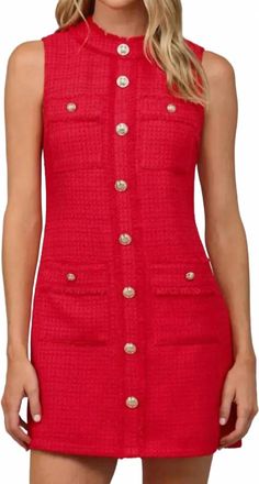 Fate Front Patch Tweed Dress In Red