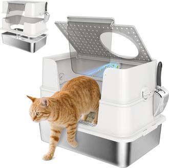 OEM Arenero Para Gatos De Acero Inoxidable Xl Con Tapa Abatible Laterales Altos Pala F&aacute;cil De Limpiar Antifugas Gris Claro