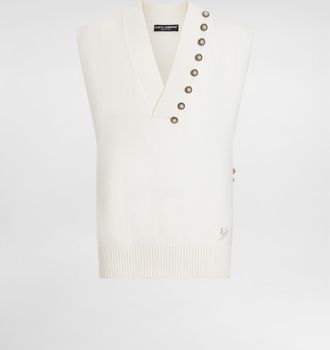 Dolce & Gabbana Wool V-neck Vest With Bejeweled Buttons And Dg Embroidery - Man Sweaters And Cardigans White 46