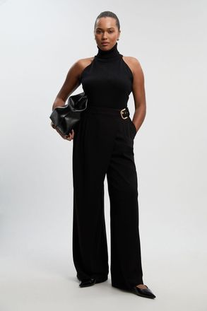 Karen Millen Womens Plus Size Tailored Crepe Asymmetric Buckle Detail Wide Leg Trouser - Black - Size 22 UK