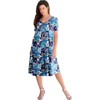Roaman's Petite Plus Size Short Sleeve Sleeve Swing Dress in Navy Watercolor Bouquet at Nordstrom, Size 36P