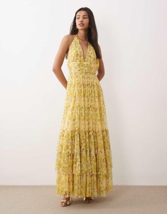 Lace & Beads Vestito lungo allacciato al collo a balze in tulle giallo a fiori
