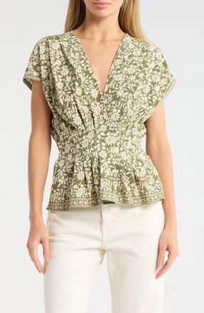 Max Studio V-Neck Short Sleeve Pleated Top in Sage Summer Shilhouette at Nordstrom Rack, Size X-Large