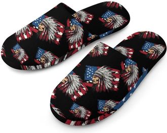 Generic Indian Chief U.S. Flag Flannel Mens Slip-on Slippers Winter Warm House Shoes with Rubber Sole for Home Hotel