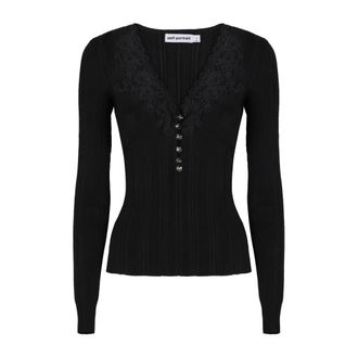 Self Portrait Truien & Vesten, Dames, Zwart, L, Polyester, Ribgebreide top met kanten rand en V-hals