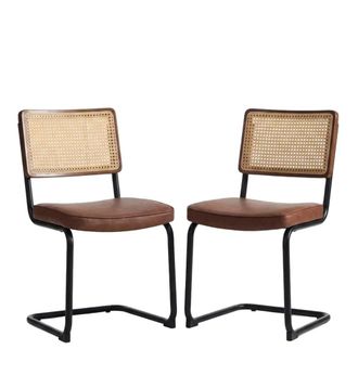 Urban Meuble Set de 2 sillas de comedor de rat&aacute;n y piel sint&eacute;tica marr&oacute;n