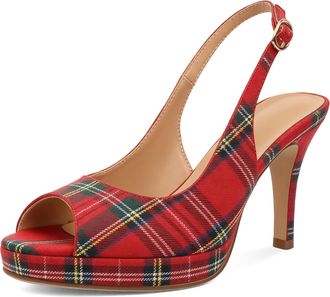 EDEFS Womens Red Plaid Slingback Heels Peep Toe Leather 3.5 Platform Support - Cocktail & Wedding Guest Looks UK6