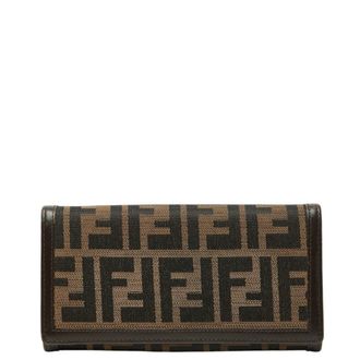 Fendi Black Brown Canvas Leather Long Wallet (Bi-Fold) (Pre-Owned)